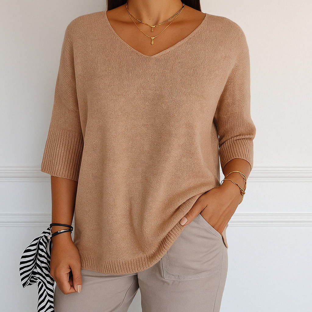 Harriet beige V-neck short sleeve relaxed fit sweater, front view
