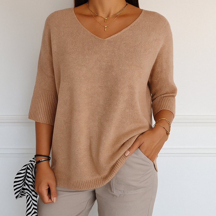 Harriet beige V-neck short sleeve relaxed fit sweater, front view