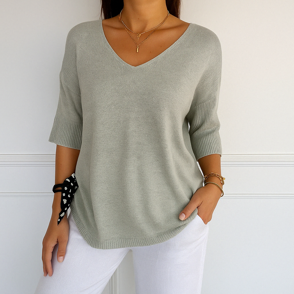 Harriet light gray V-neck short sleeve relaxed fit sweater, front view