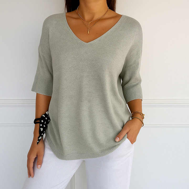 Harriet light gray V-neck short sleeve relaxed fit sweater, front view