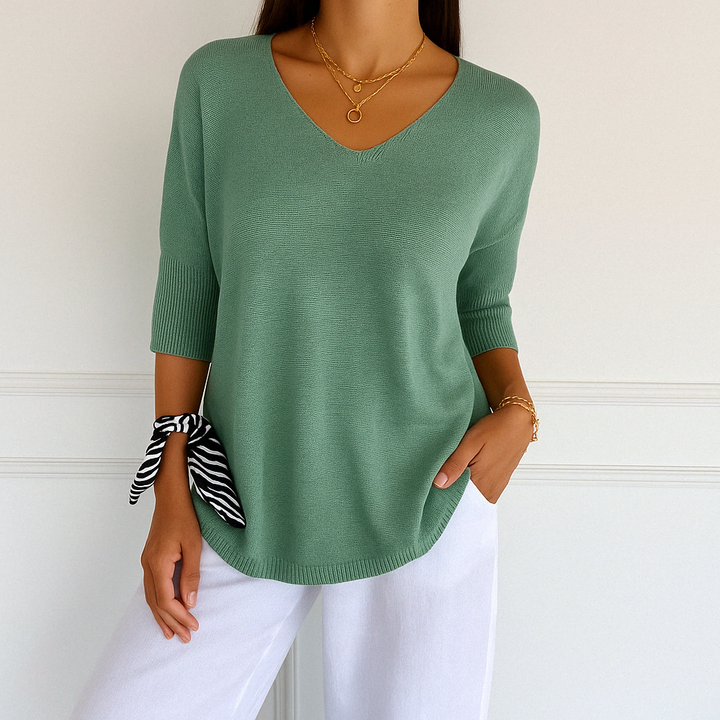 Harriet light green V-neck short sleeve relaxed fit sweater, front view