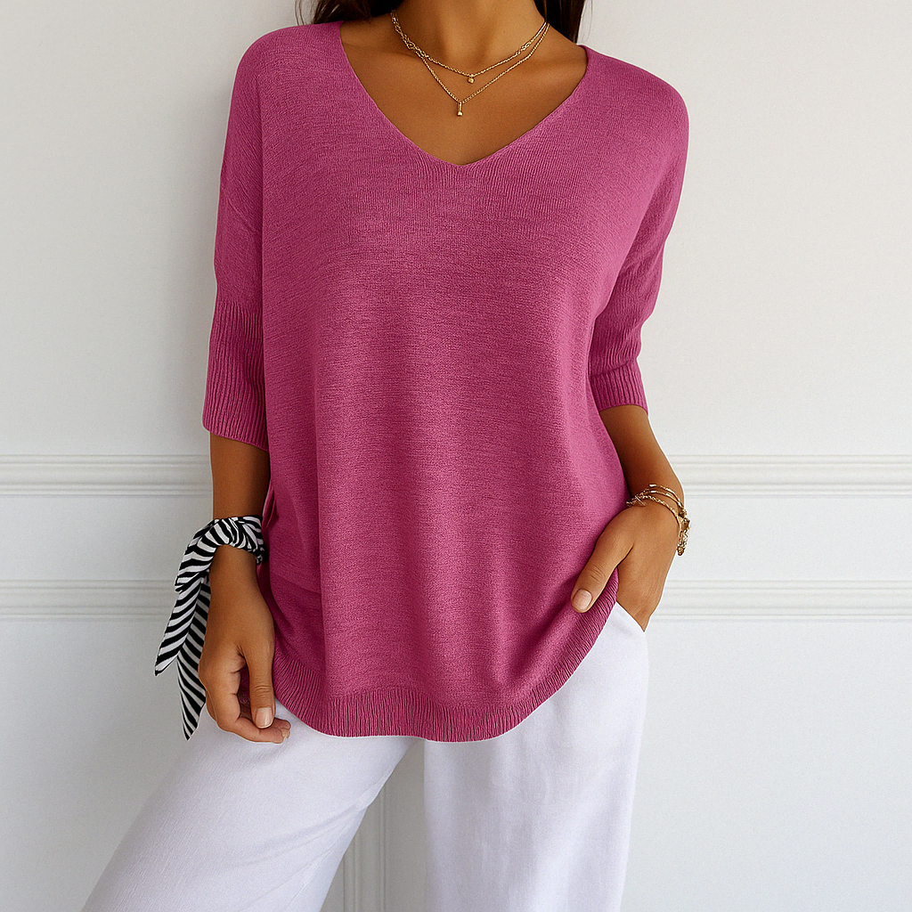 Harriet pink V-neck short sleeve relaxed fit sweater, front view