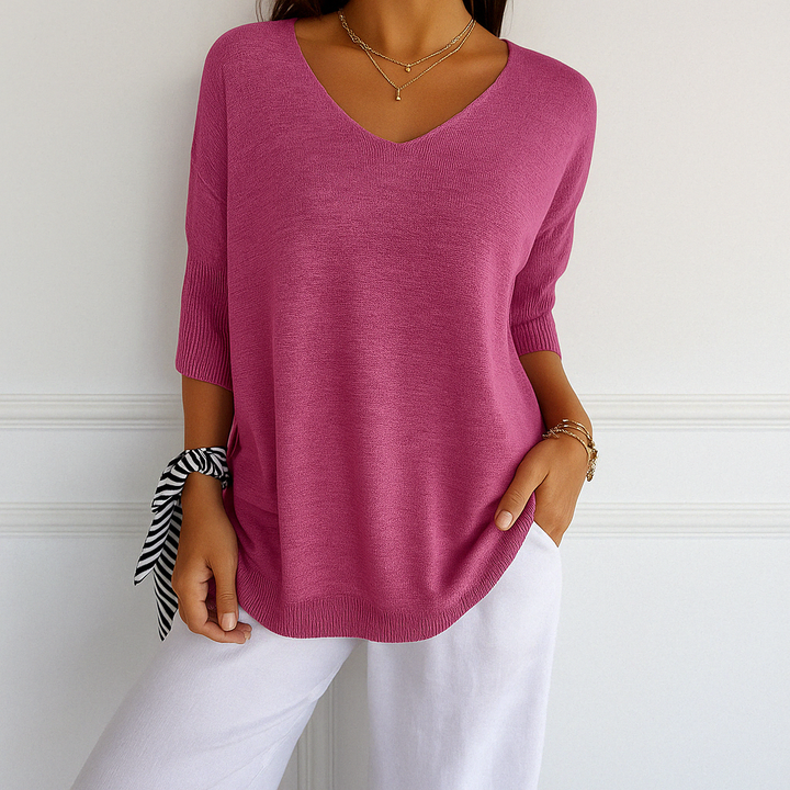 Harriet pink V-neck short sleeve relaxed fit sweater, front view