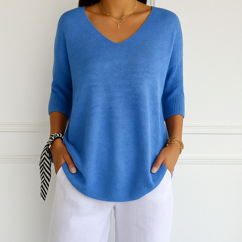 Harriet blue V-neck short sleeve relaxed fit sweater, front view