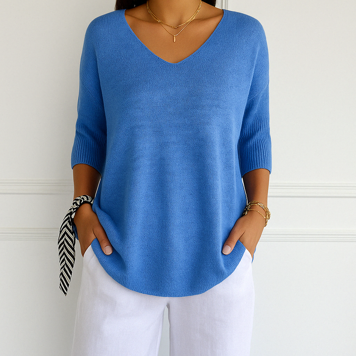 Harriet blue V-neck short sleeve relaxed fit sweater, front view