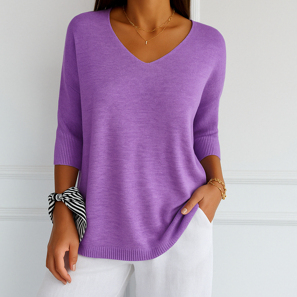 Harriet purple V-neck short sleeve relaxed fit sweater, front view