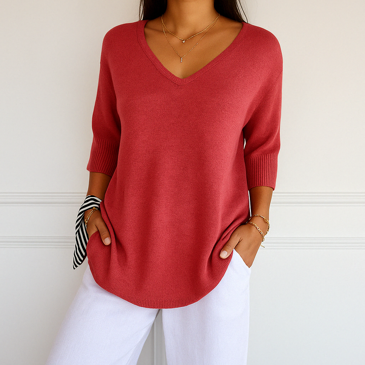 Harriet red V-neck short sleeve relaxed fit sweater, front view