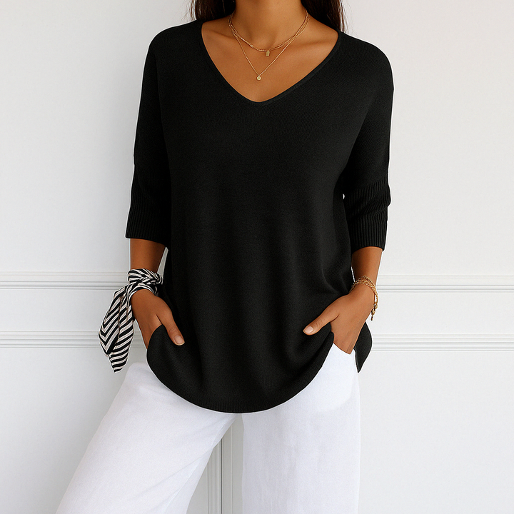 Harriet black V-neck short sleeve relaxed fit sweater, front view