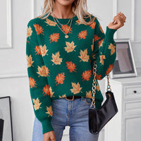 Hazel | Women's Leaf Print Crew Neck Fall Sweater