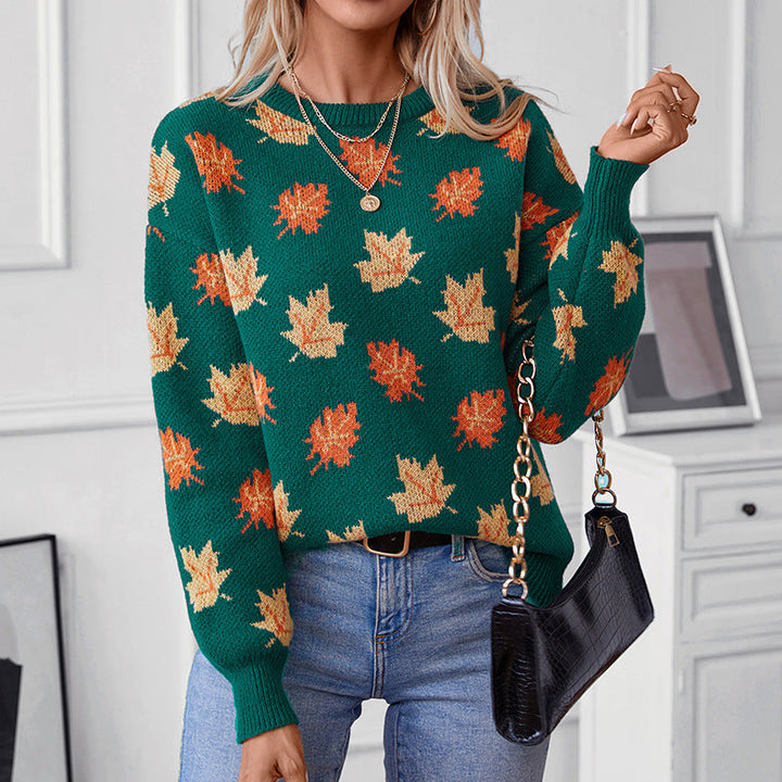 Hazel leaf print crew neck fall sweater, front view with layered necklace