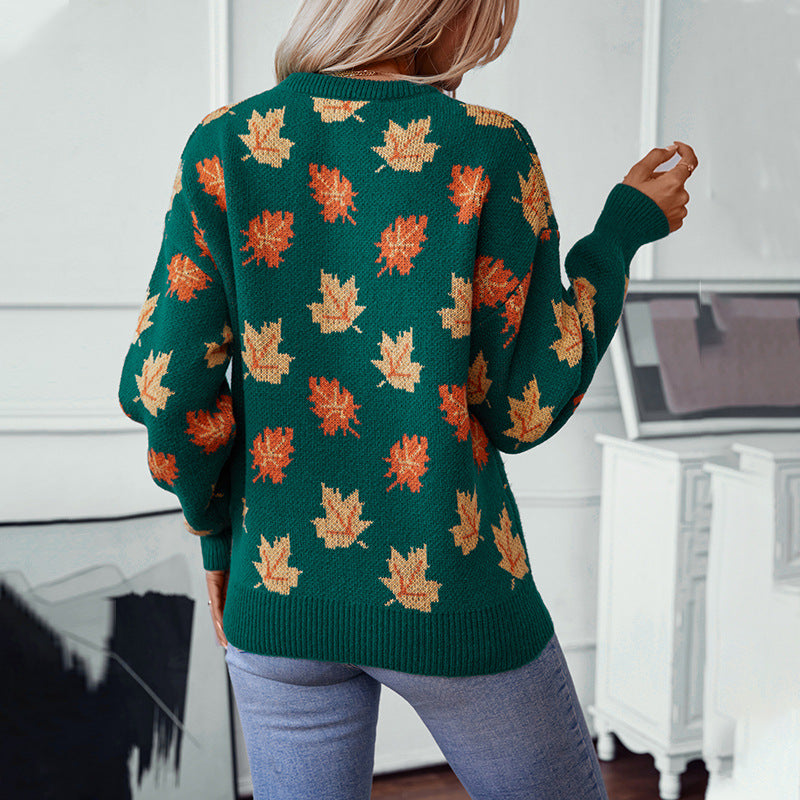 Hazel leaf print crew neck fall sweater, back view