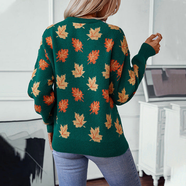 Hazel leaf print crew neck fall sweater, back view