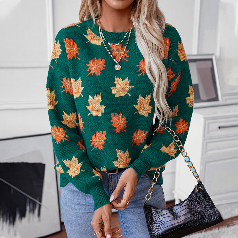 Hazel leaf print crew neck fall sweater, close-up on model