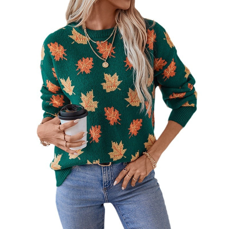 Hazel leaf print crew neck fall sweater, styled with handbag