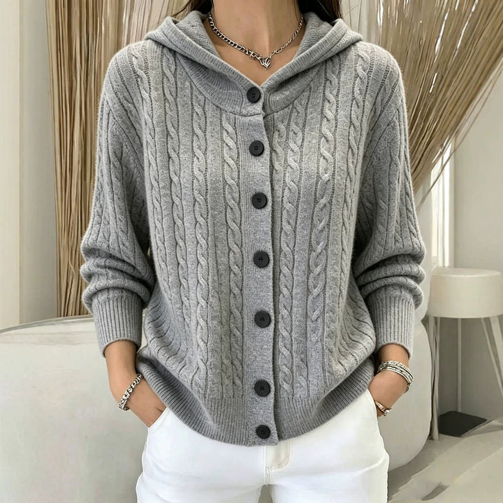 Henrietta gray cable knit hooded cardigan, front view with buttons