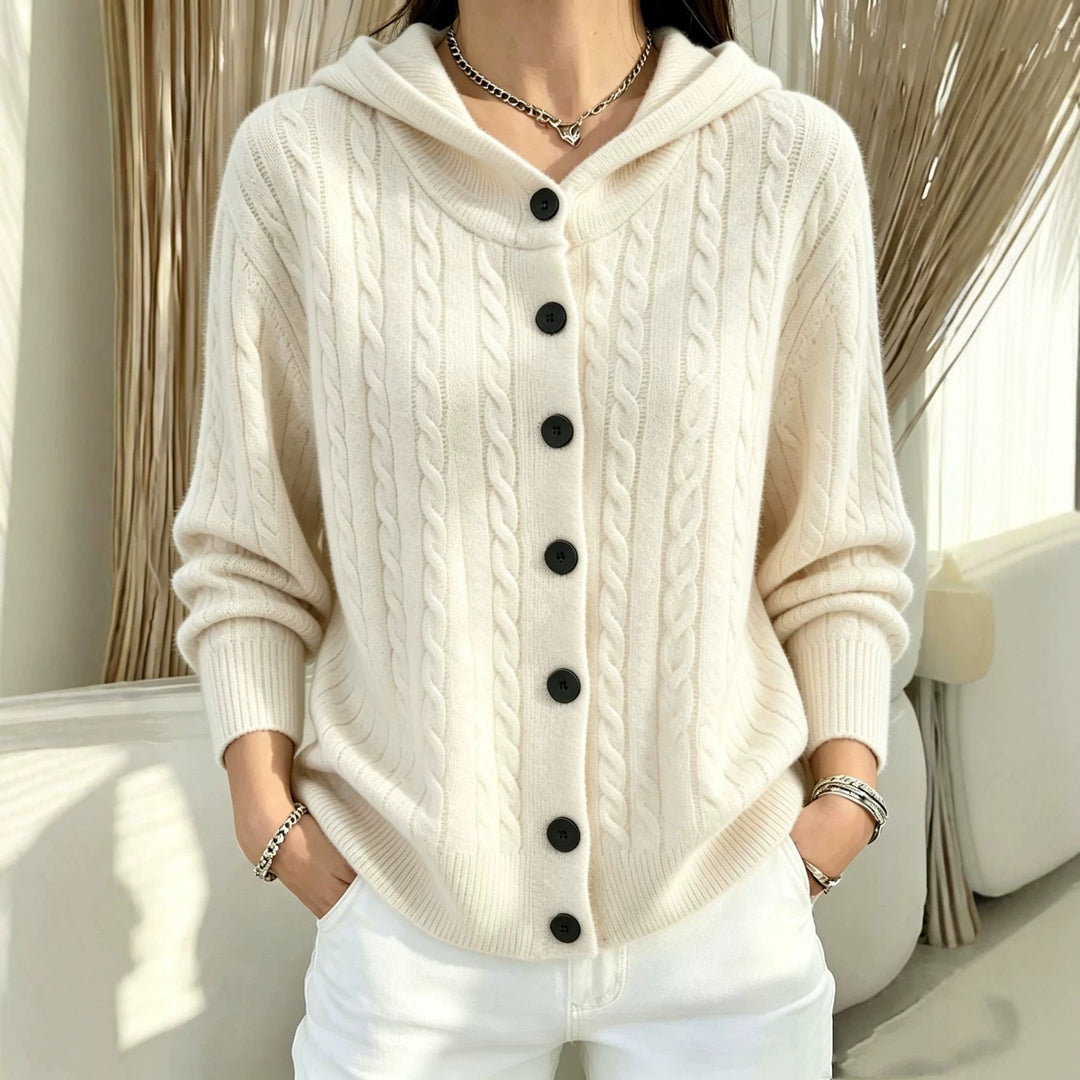 Henrietta ivory cable knit hooded cardigan, front view