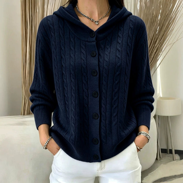 Henrietta navy blue cable knit hooded cardigan, front view
