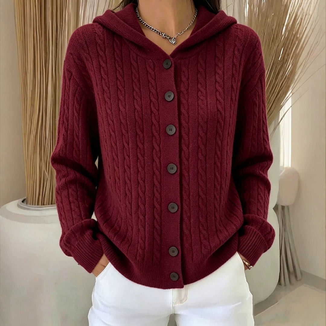 Henrietta burgundy cable knit hooded cardigan, front view