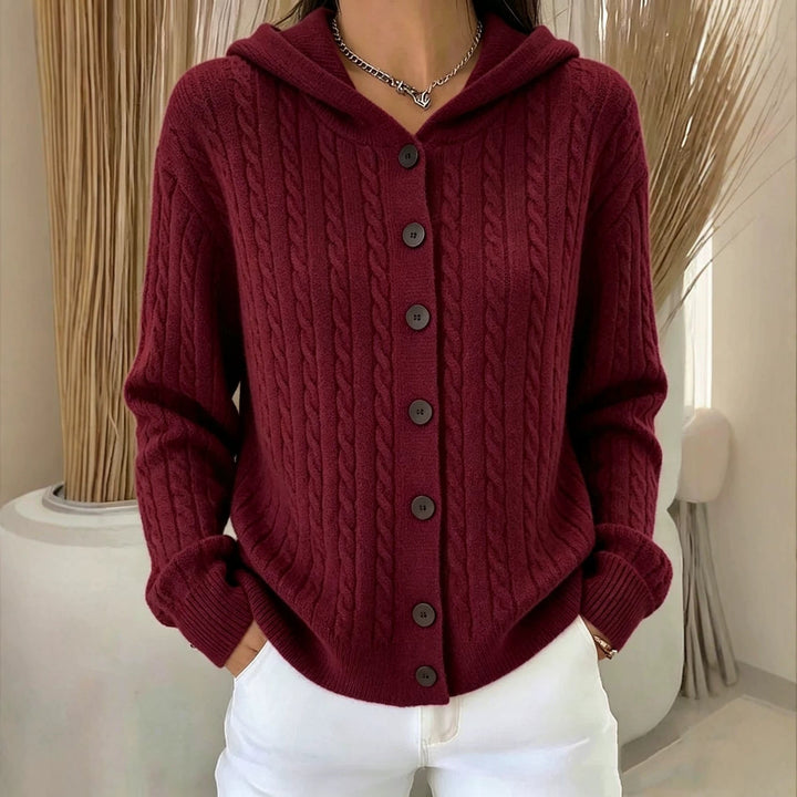 Henrietta burgundy cable knit hooded cardigan, front view