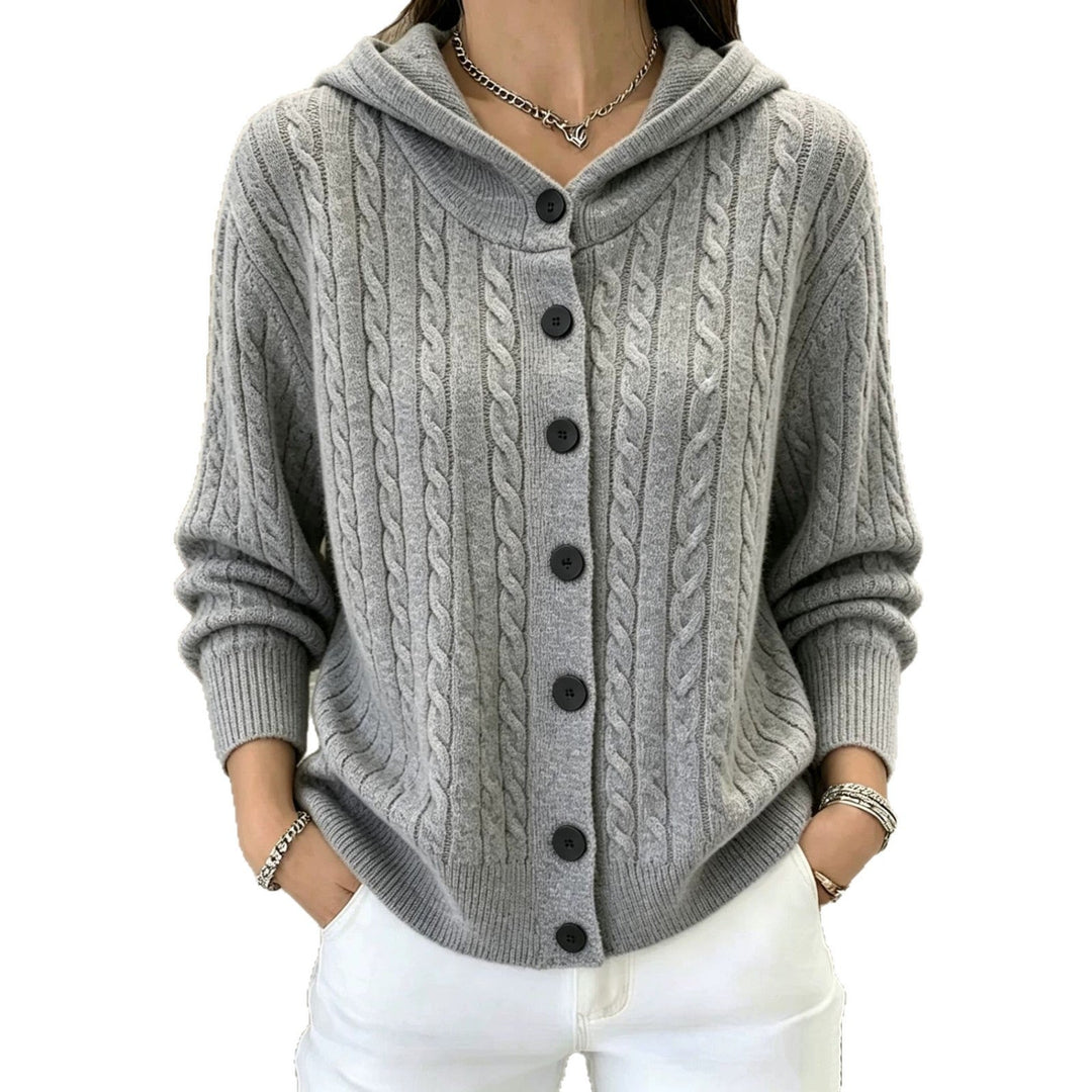 Henrietta burgundy cable knit hooded cardigan, front view