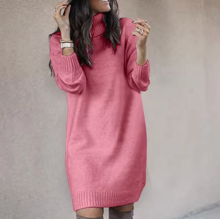 Ingrid pink turtleneck long sleeve sweater dress, front view