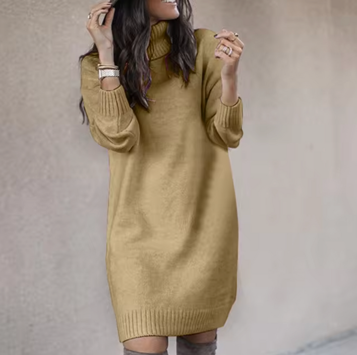 Ingrid khaki turtleneck long sleeve sweater dress, front view