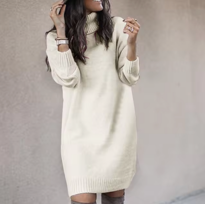 Ingrid ivory turtleneck long sleeve sweater dress, front view
