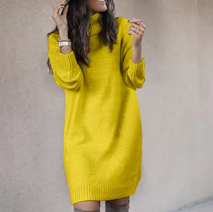 Ingrid yellow turtleneck long sleeve sweater dress, front view