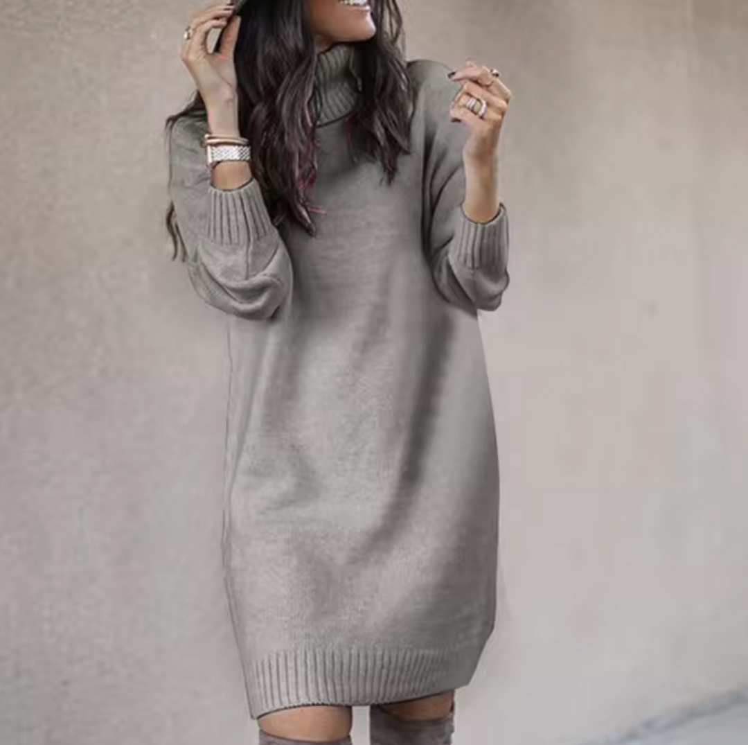 Ingrid gray turtleneck long sleeve sweater dress, front view