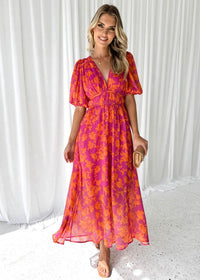Isa | Women's Fall Wedding Guest Floral V-Neck Maxi Dress