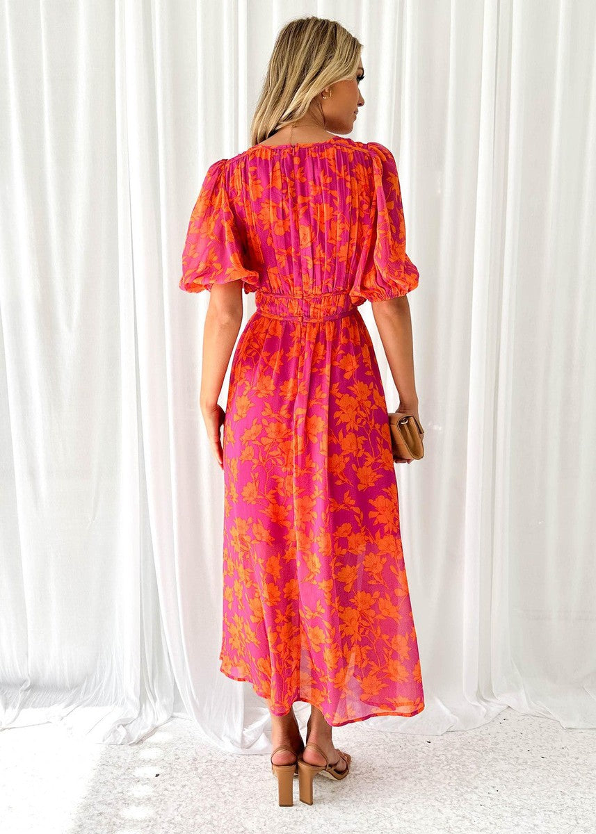 Isa floral maxi dress with puff sleeves, full front view