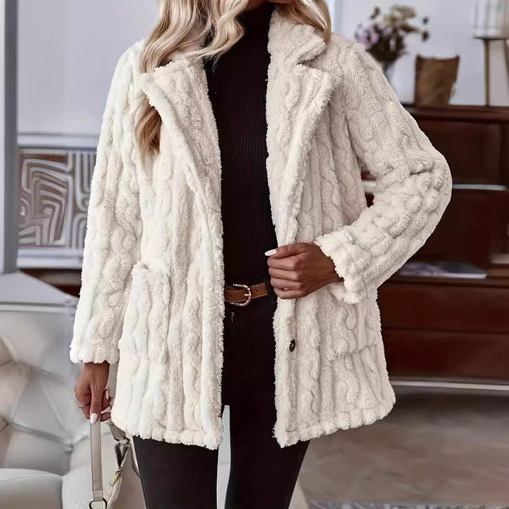 Isabeau cable textured longline teddy coat, front view with hand in pocket