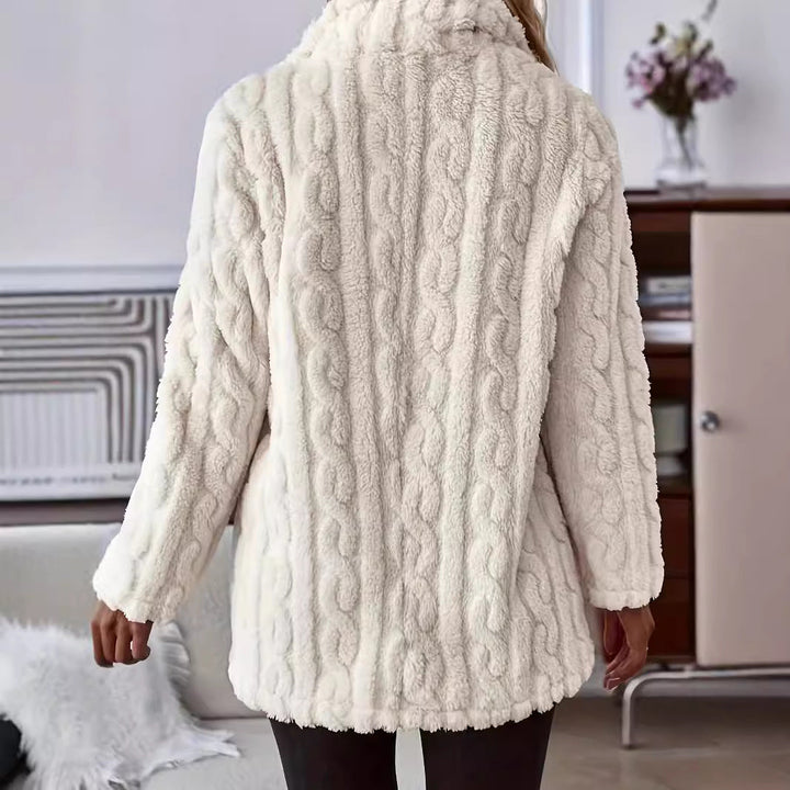 Isabeau teddy coat back view showing cable knit texture design