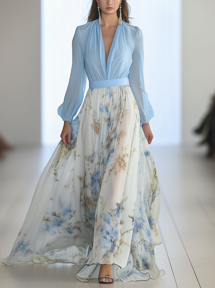Isabella floral print maxi dress with plunging V-neck and long sleeves, front view on runway model