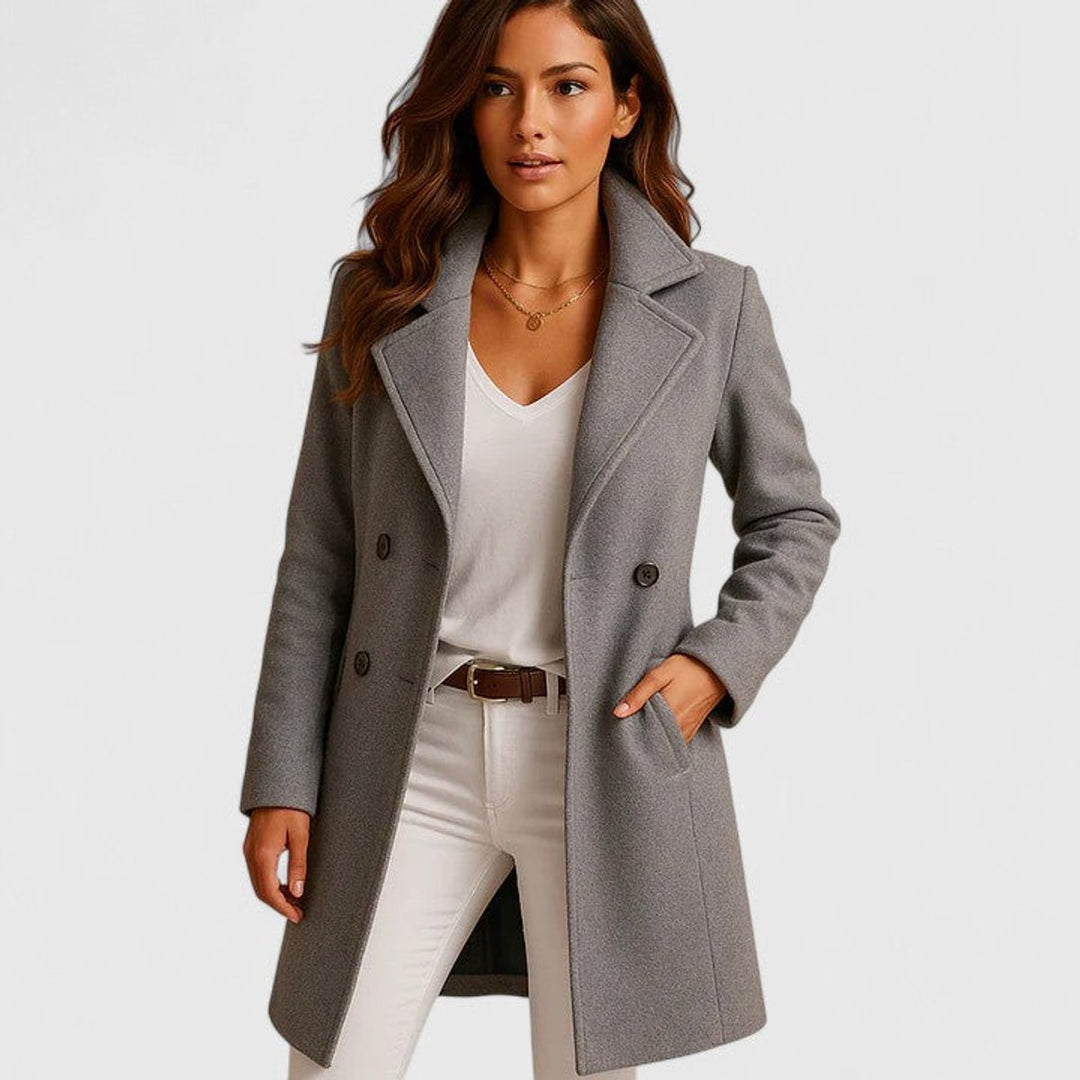 Isabelle notch-lapel double-breasted longline coat in gray, front view with model
