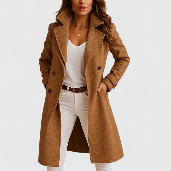 Isabelle notch-lapel double-breasted longline coat in camel, close-up front view