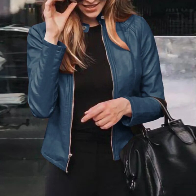 Isla cropped faux leather jacket in blue, close-up front view