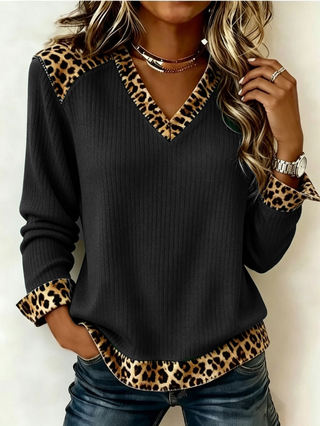 Isolde long sleeve V-neck top with contrast cuffs, front view