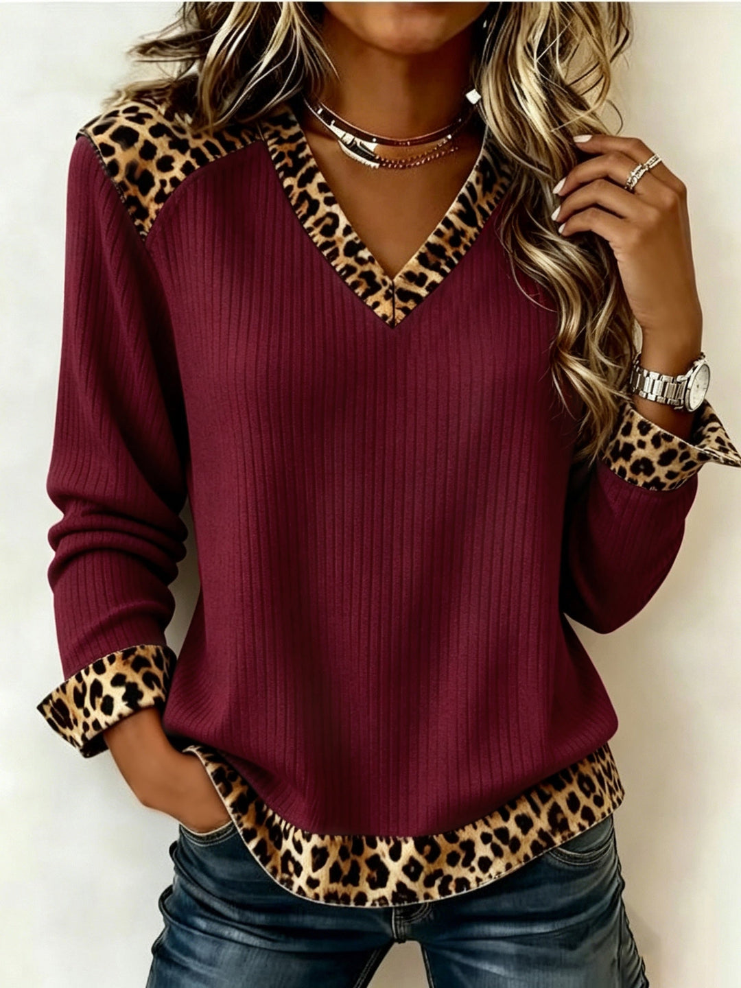 Isolde long sleeve V-neck top with contrast cuffs, front view