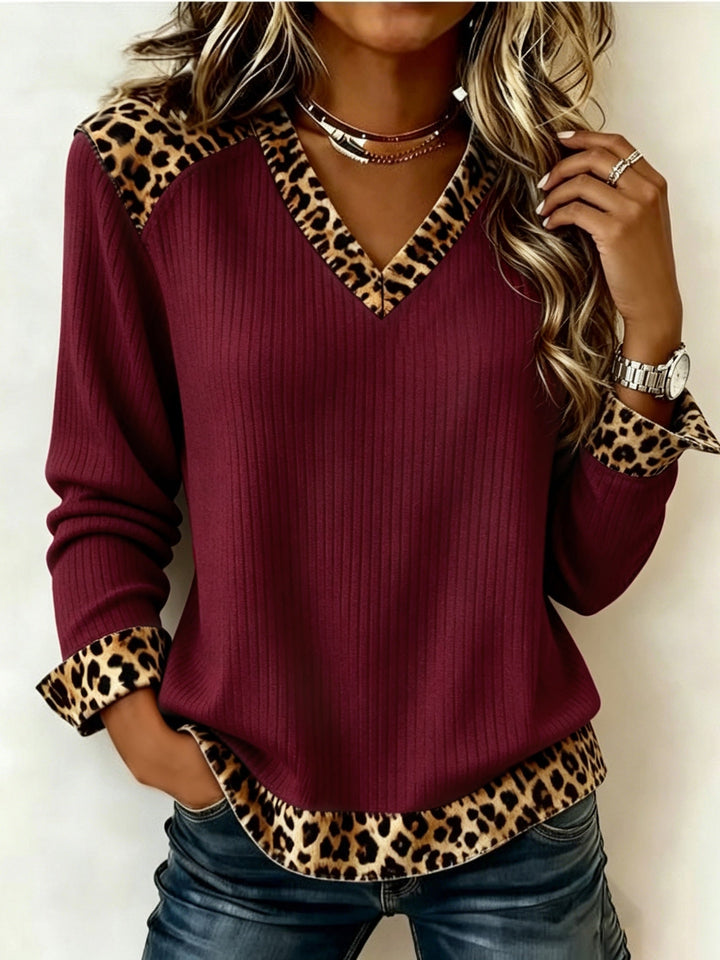 Isolde long sleeve V-neck top with contrast cuffs, front view