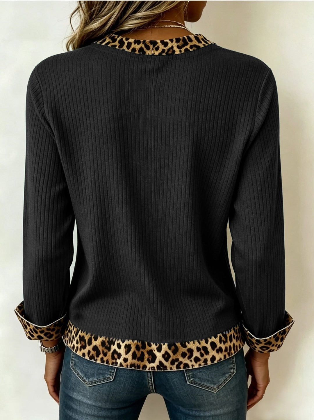 Isolde long sleeve V-neck top with contrast cuffs, front view
