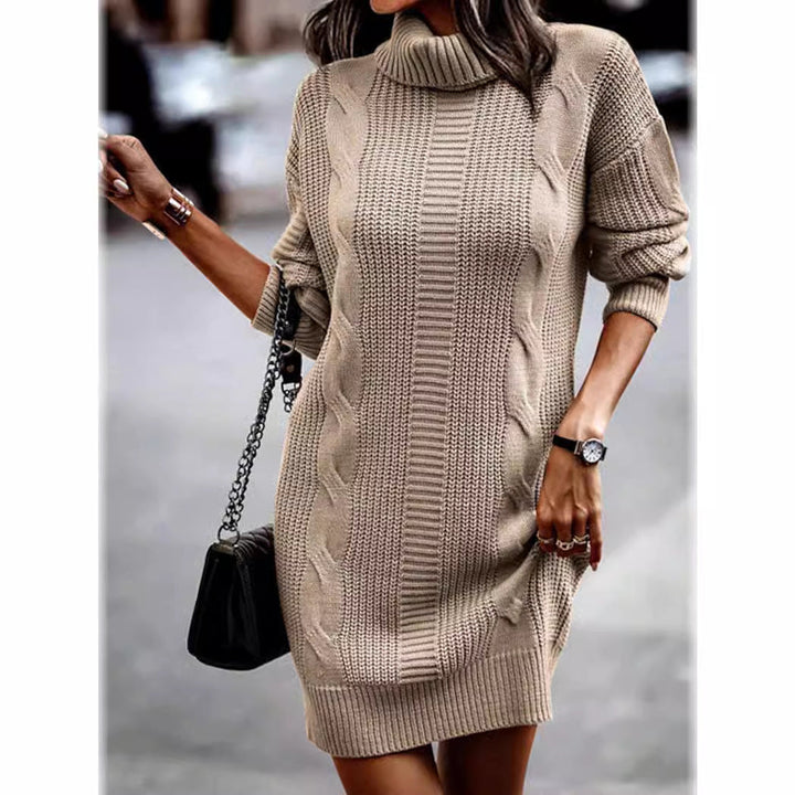 Isolde cable knit turtleneck dress in beige, front view