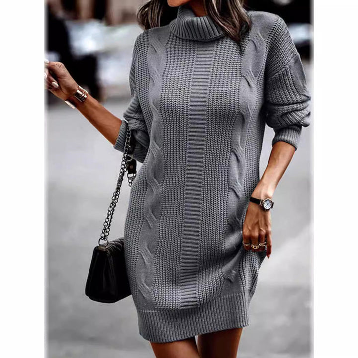 Isolde cable knit turtleneck dress in gray, front view