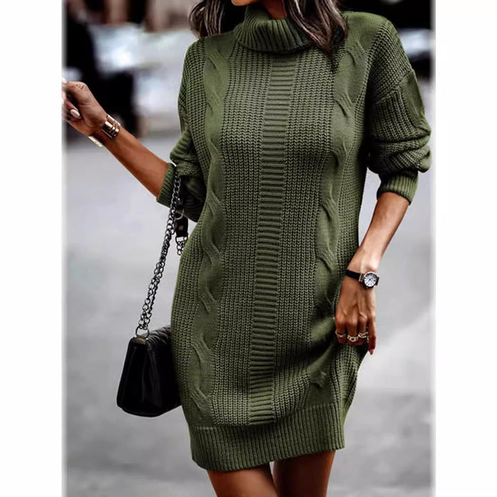 Isolde cable knit turtleneck dress in olive green, front view
