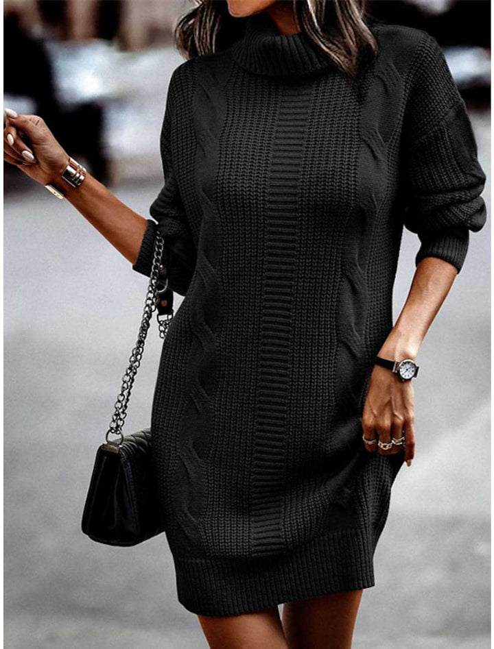 Isolde cable knit turtleneck dress in black, front view
