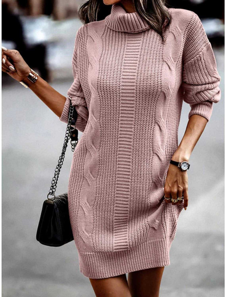 Isolde cable knit turtleneck dress in pink, front view