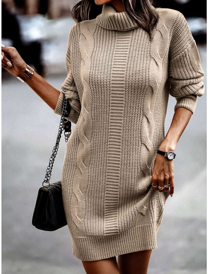 Isolde cable knit turtleneck dress in beige, close-up detail