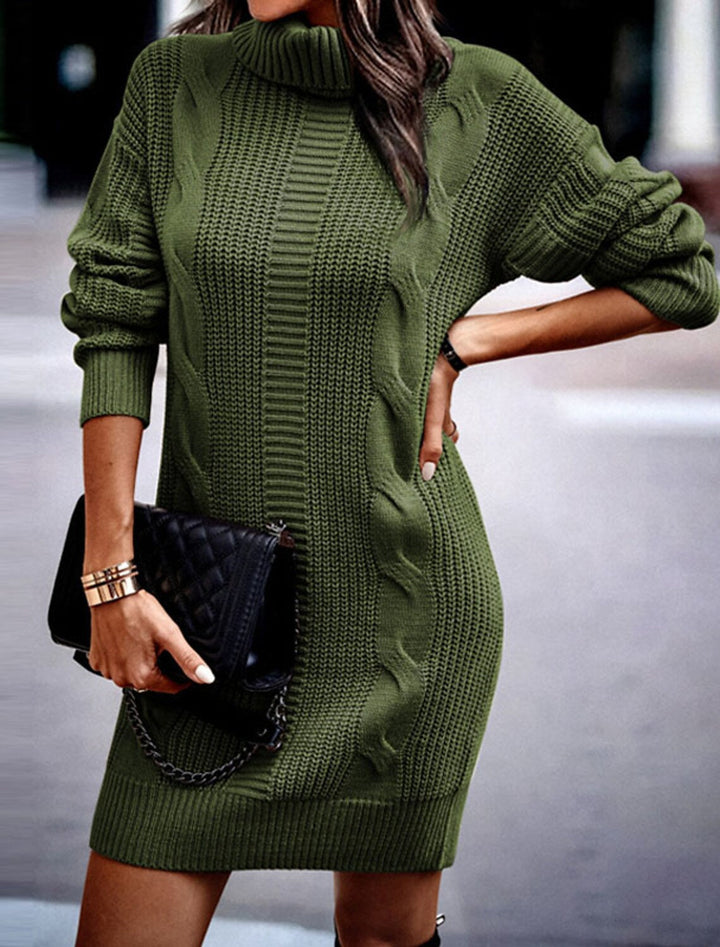 Isolde cable knit turtleneck dress in olive green, side view