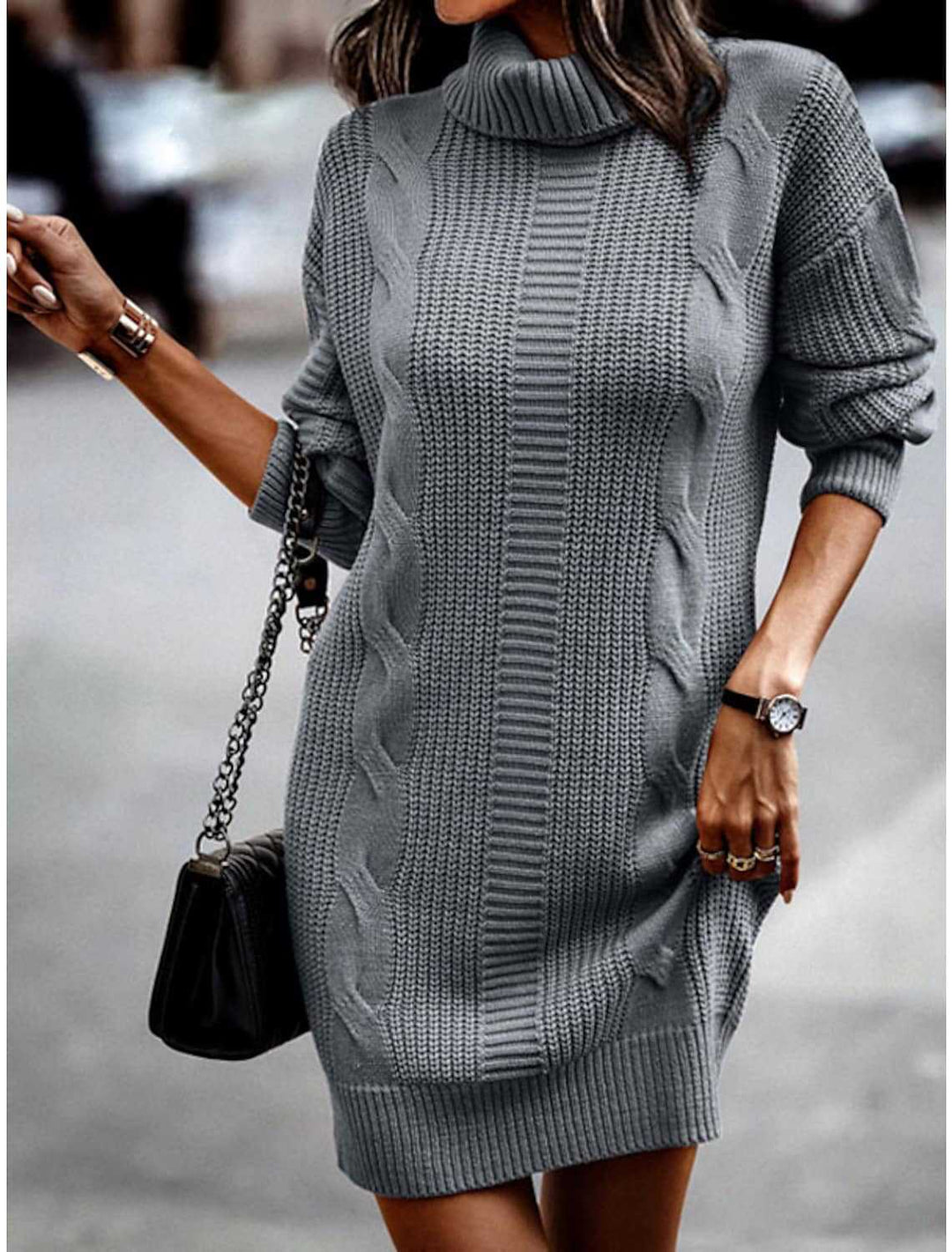 Isolde cable knit turtleneck dress in gray, close-up detail