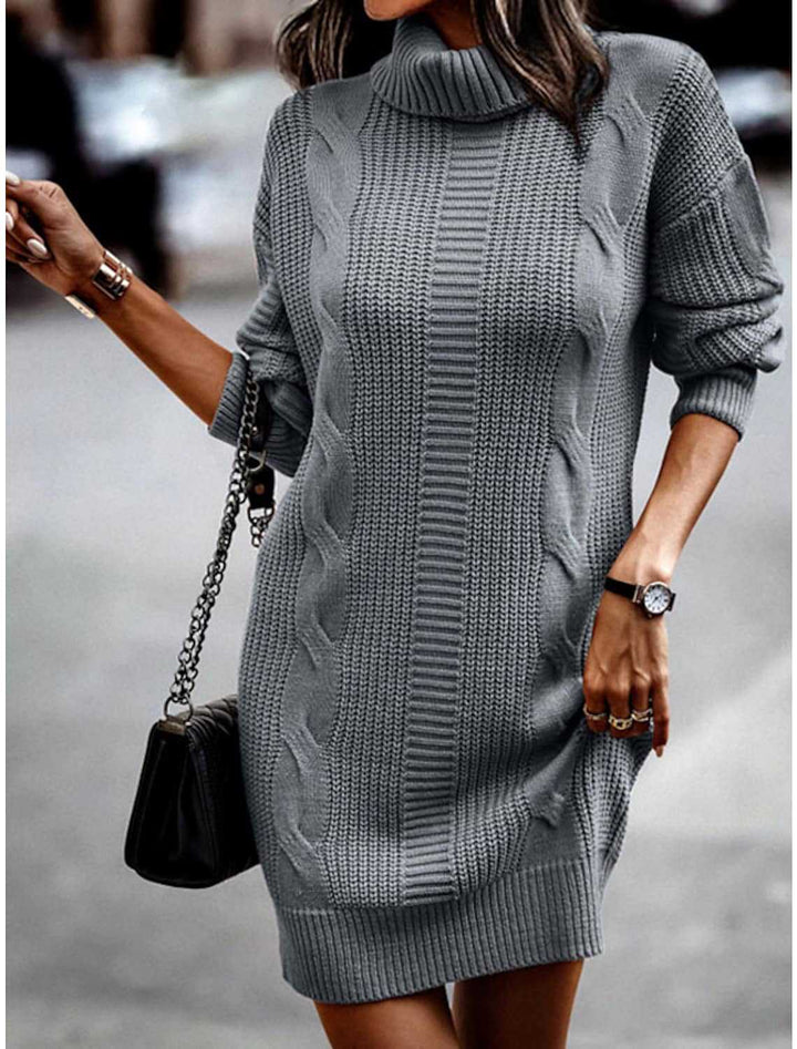 Isolde cable knit turtleneck dress in gray, close-up detail